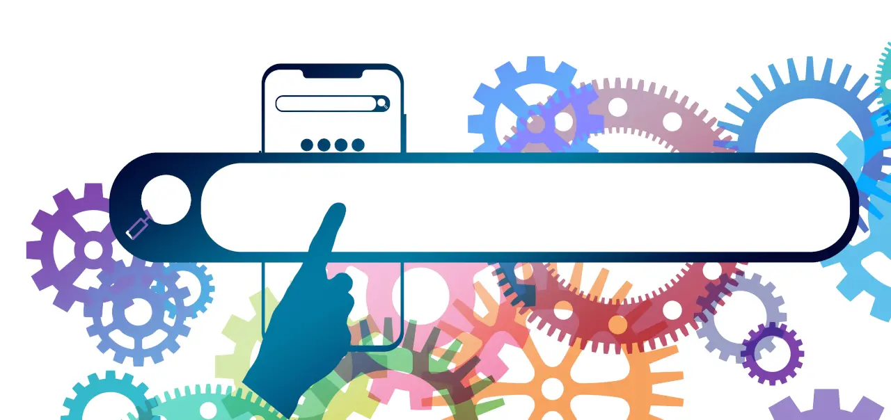 Illustration of gears and a web browser address bar